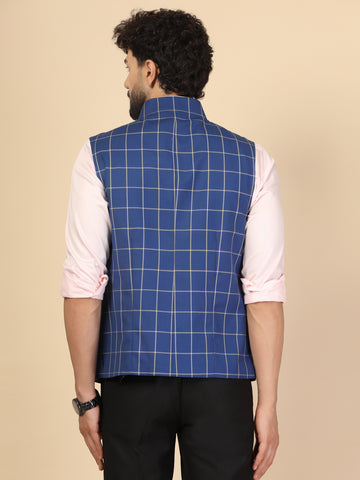 Blue Polywool Check Nehru Jacket