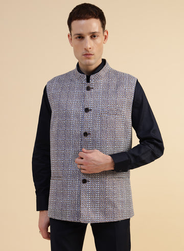 Maroon & Blue Uncrushable Printed Nehru Jacket