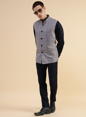 Maroon & Blue Uncrushable Printed Nehru Jacket