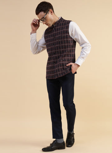 Red & Blue Uncrushable Check Nehru Jacket