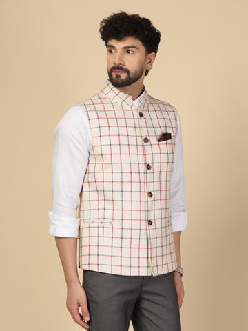 Cream 100% Linen Check Nehru Jacket