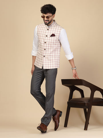 Cream 100% Linen Check Nehru Jacket