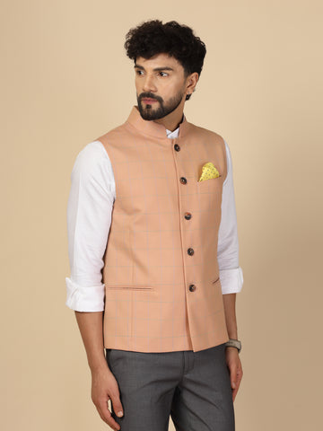 Light Pink Polywool Check Nehru Jacket