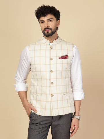 Off White Polywool Check Nehru Jacket