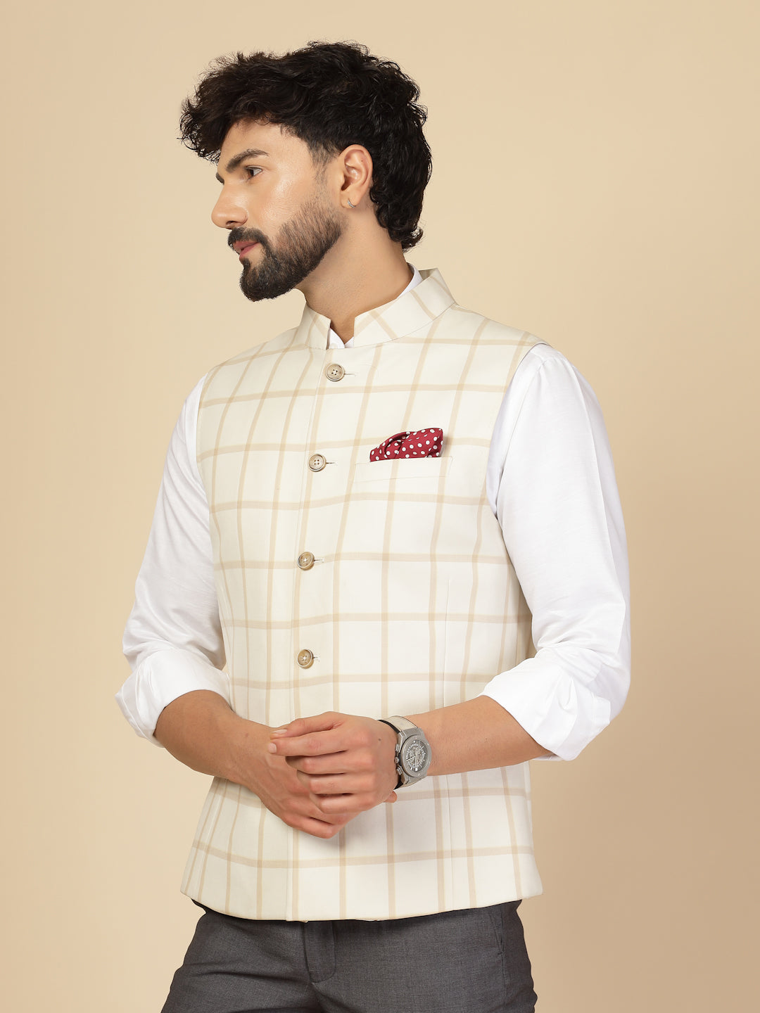 Off White Polywool Check Nehru Jacket