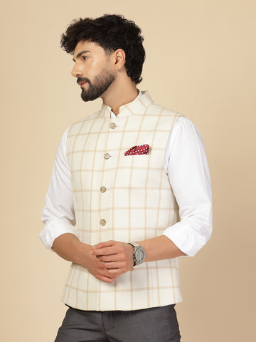Off White Polywool Check Nehru Jacket