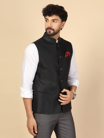 Blue Wool Blend Self-Woven Nehru Jacket