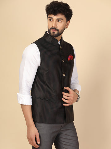 Dark Brown Wool Blend Self-Woven Nehru Jacket