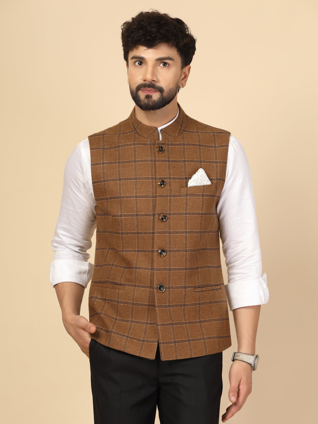 Camel Tweed Check Nehru Jacket