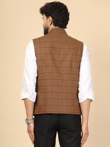 Camel Tweed Check Nehru Jacket
