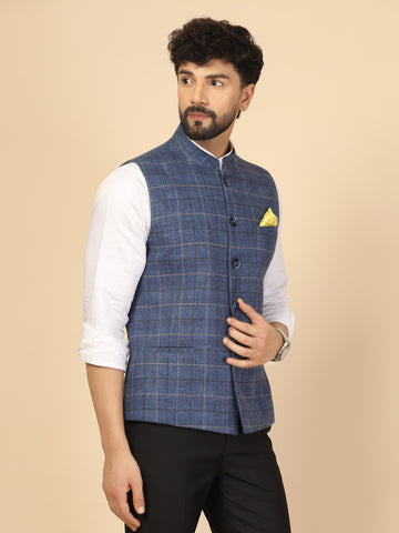 Blue Tweed Check Nehru Jacket