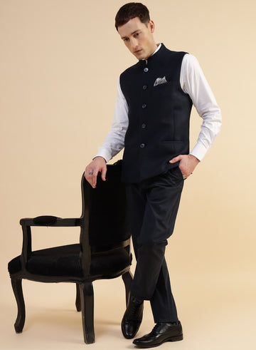 Navy Blue Tweed Nehru Jacket