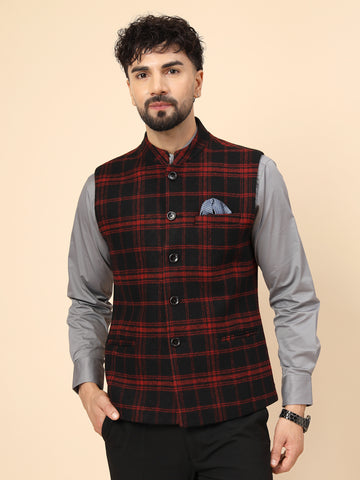 Black & Red Tweed Check Nehru Jacket