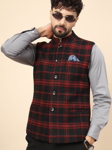 Black & Red Tweed Check Nehru Jacket