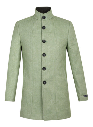 Green Tweed Textured High Collar Long Coat