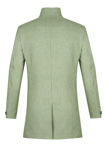Green Tweed Textured High Collar Long Coat