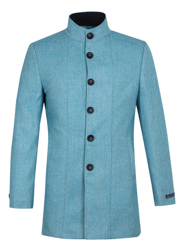 Turquoise Tweed Textured High Collar Long Coat