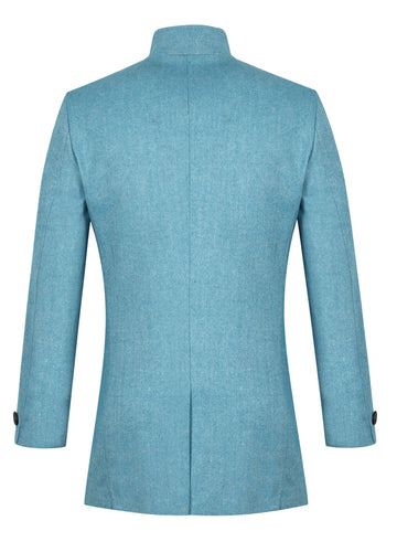 Turquoise Tweed Textured High Collar Long Coat