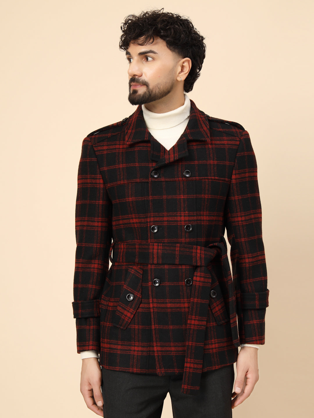 Black & Red Tweed double-breasted Check Short Coat