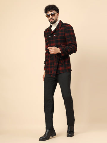 Black & Red Tweed double-breasted Check Short Coat