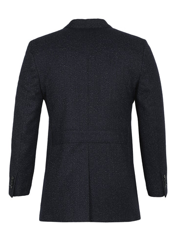 Navy Blue Tweed Textured Peak Collar Long Coat