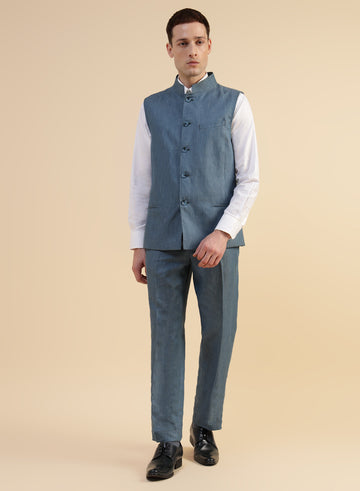 Greyish Blue Linen Nehru Jacket Trouser Combo Set