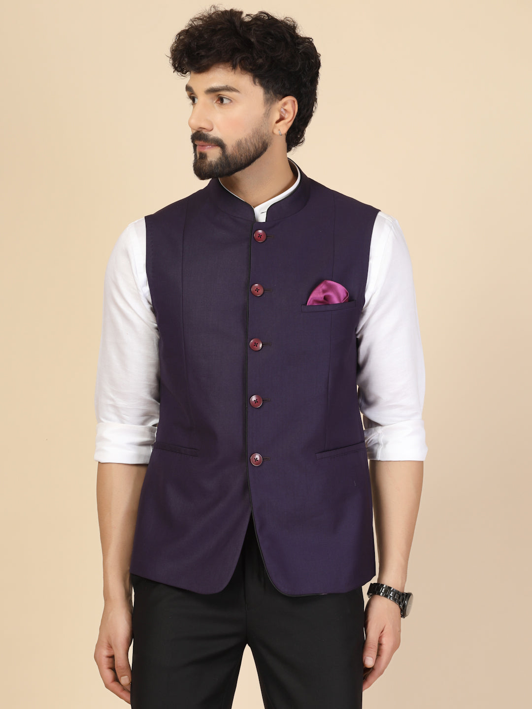 Purple Polywool Solid Nehru Jacket