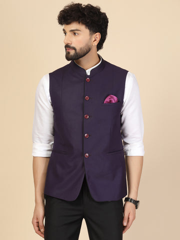 Purple Polywool Solid Nehru Jacket
