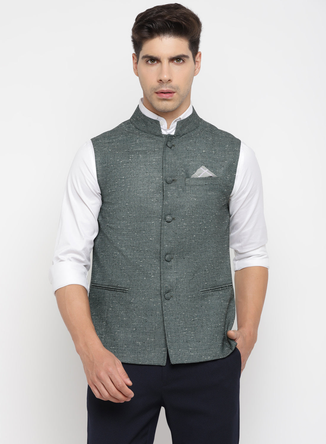 Dark Green Textured Nehru Jacket