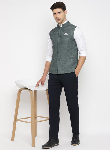 Dark Green Textured Nehru Jacket