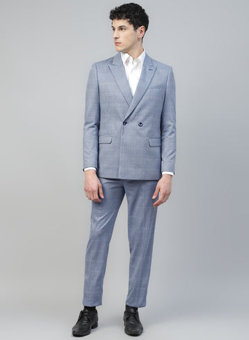 Blue Knit Check Double Breasted 2Pcs Suit