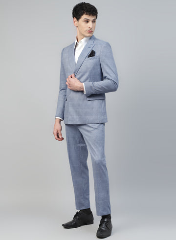 Blue Knit Check Double Breasted 2Pcs Suit