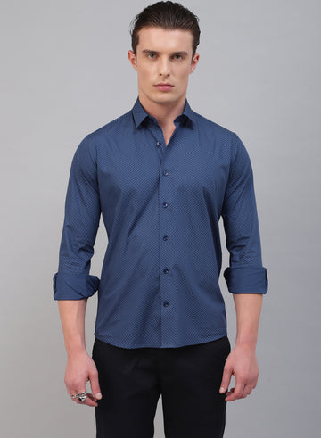 Blue Cotton Printed Full Sleeve Shirt