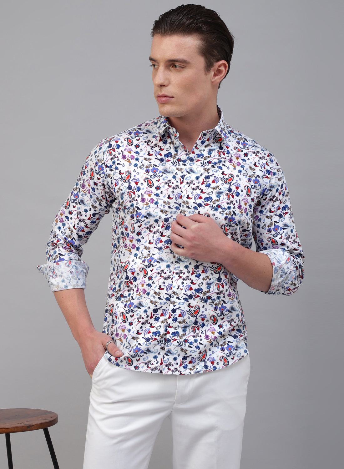 White Cotton Printed Full Sleeve Shirt