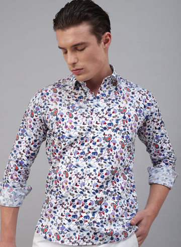 White Cotton Printed Full Sleeve Shirt