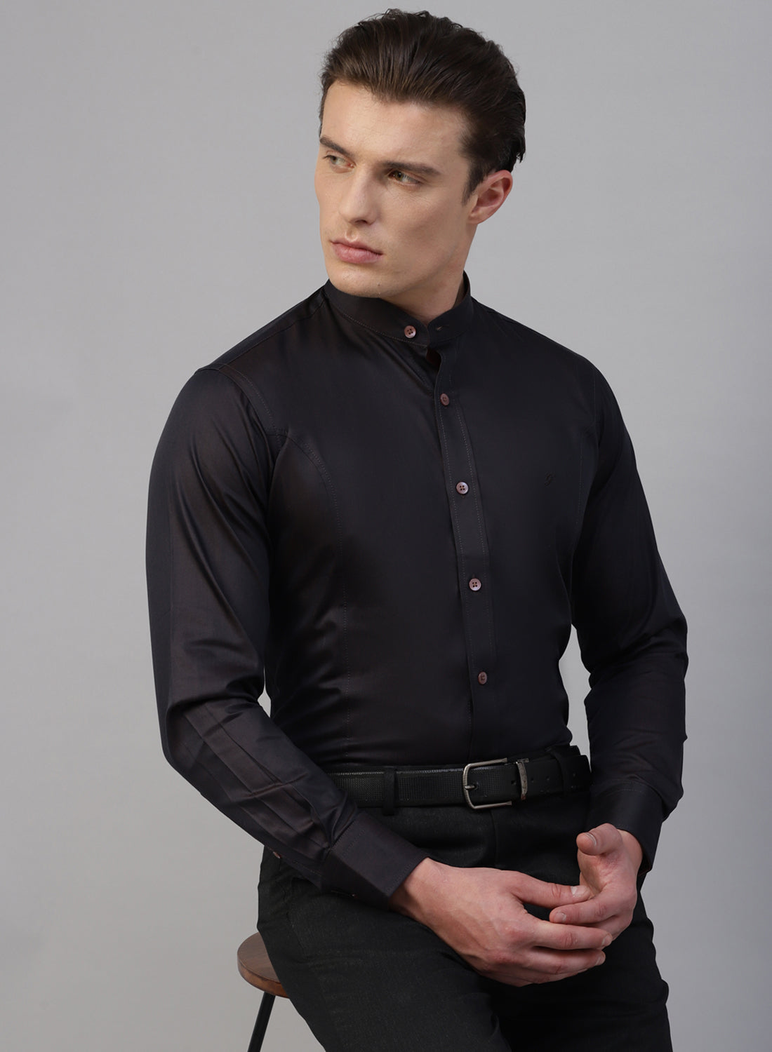 Dark Brown Cotton Band Collar Shirt