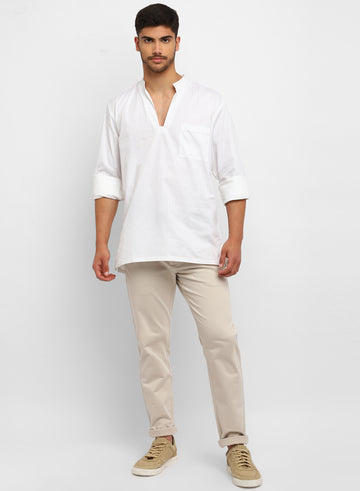 WHITE COTTON Band Collar SHORT KURTA