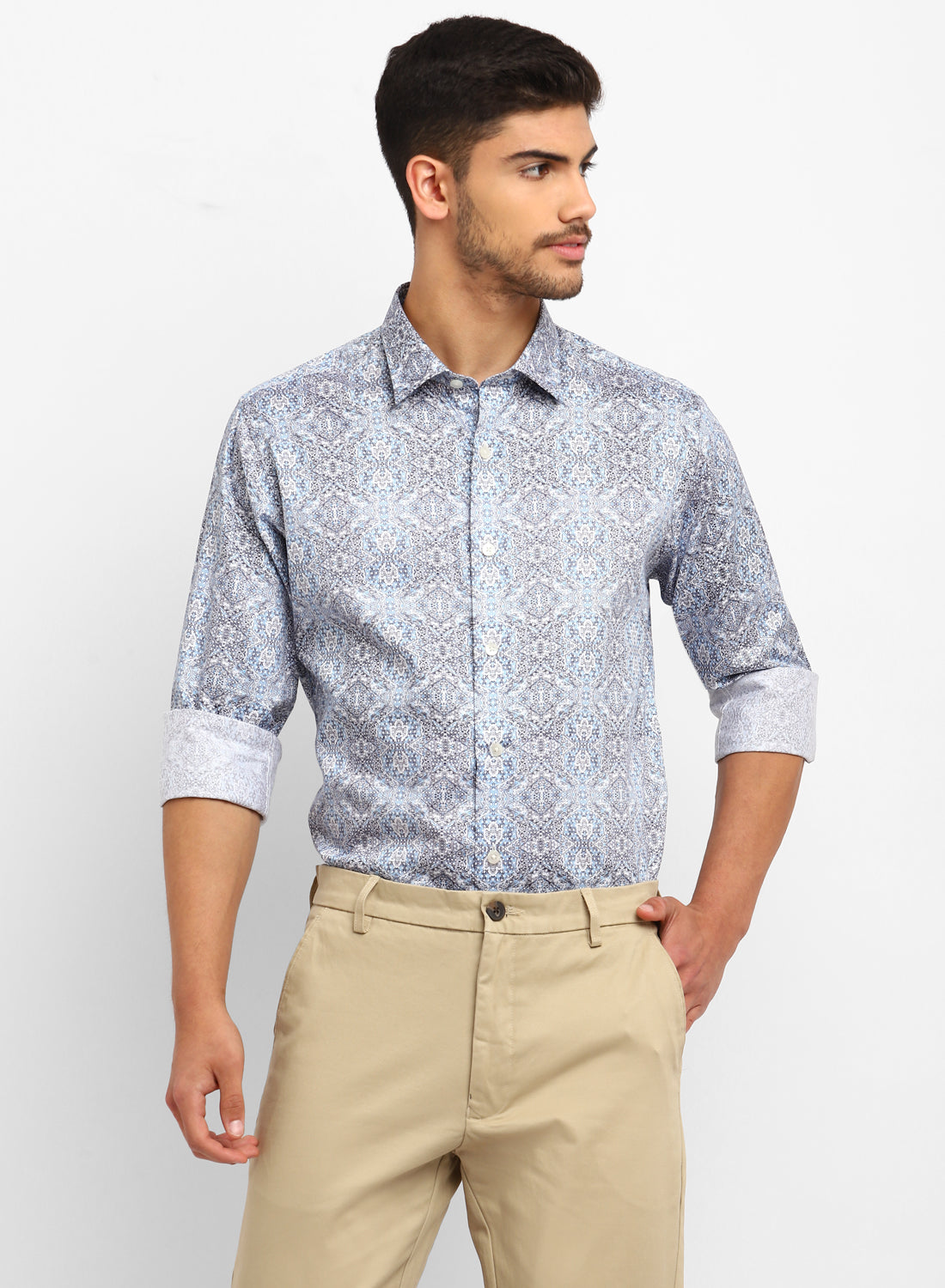 Blue & Grey Cotton Printed Full Sleeve Shirt
