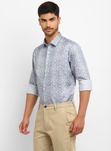 Blue & Grey Cotton Printed Full Sleeve Shirt