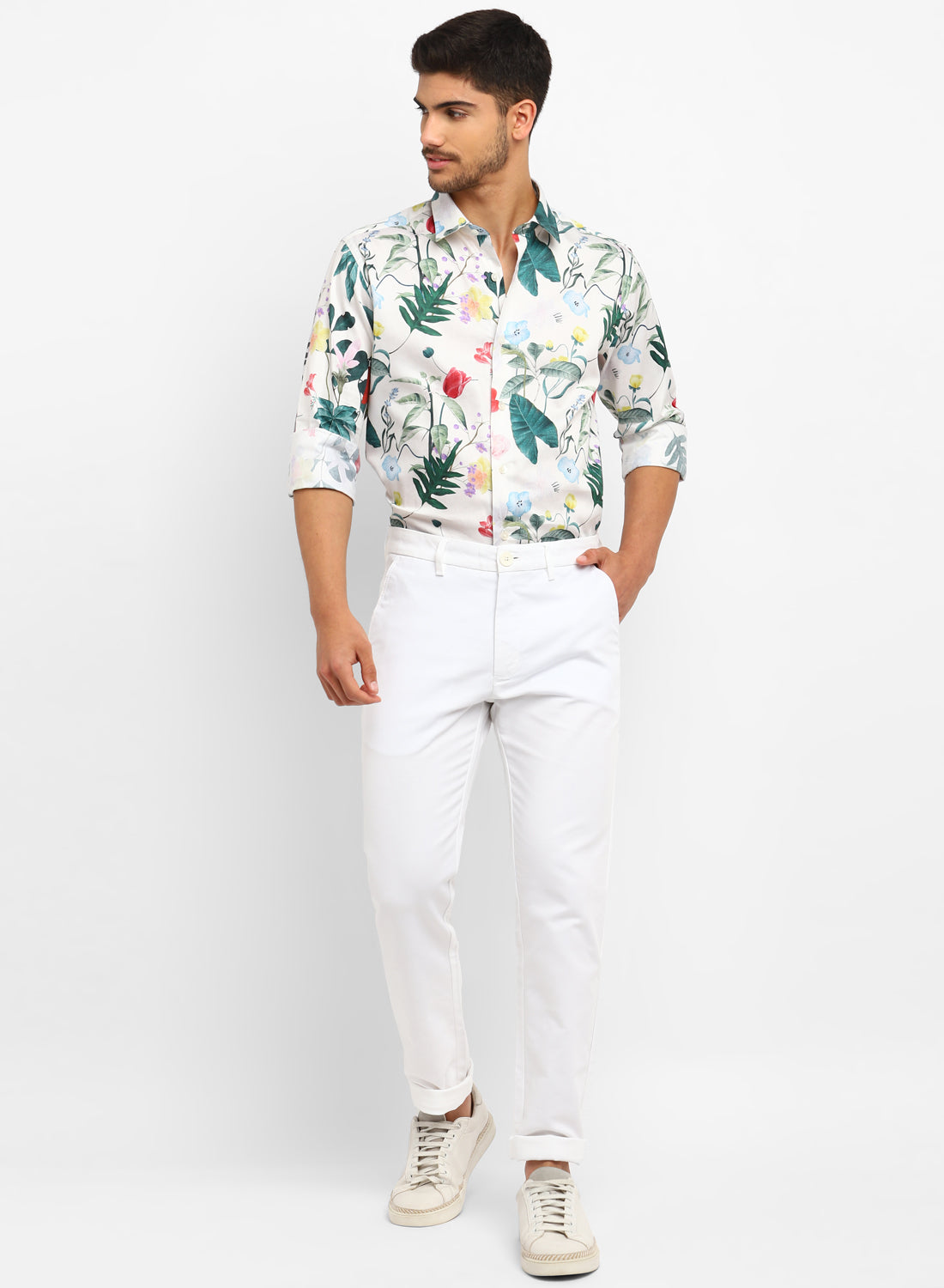 Off white & Green Cotton Printed Casual Shirt