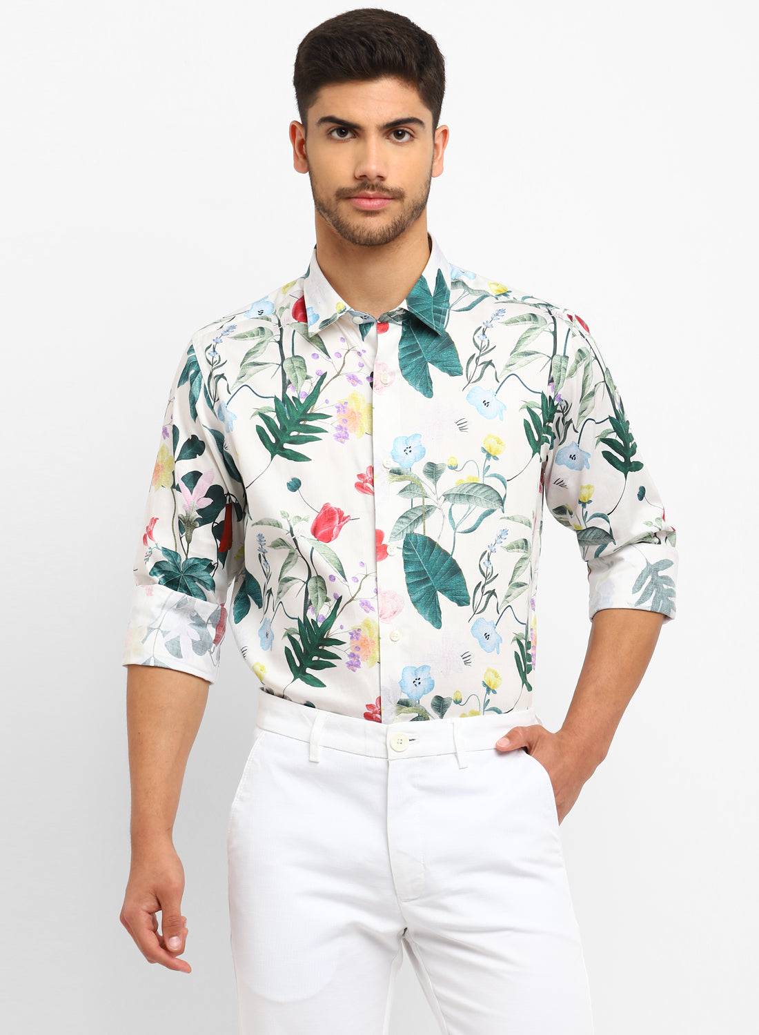 Off White & Green Cotton Printed Full Sleeve Shirt