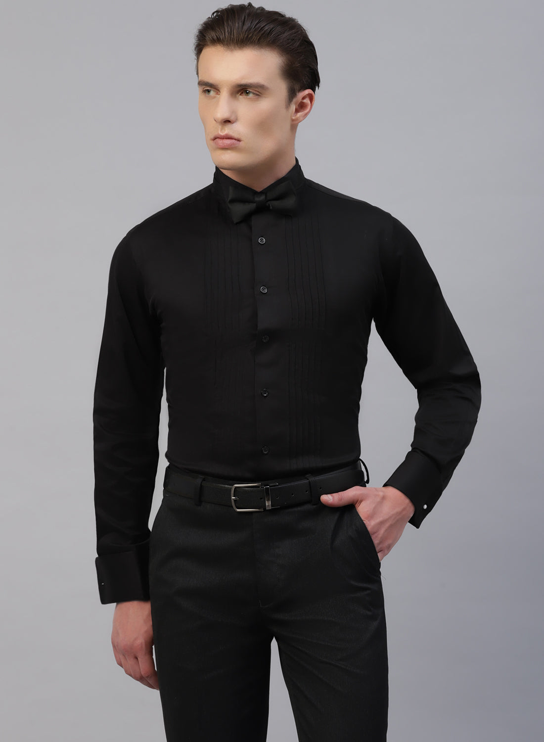 Black Cotton Wing Collar Tuxedo Shirt