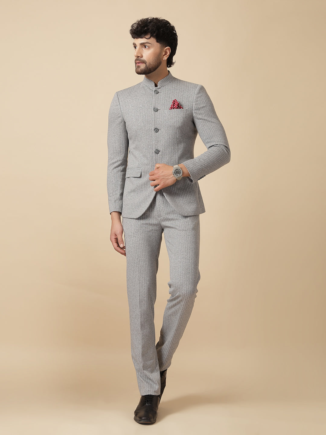 Grey Uncrushable Stripe Bandhgala Suit