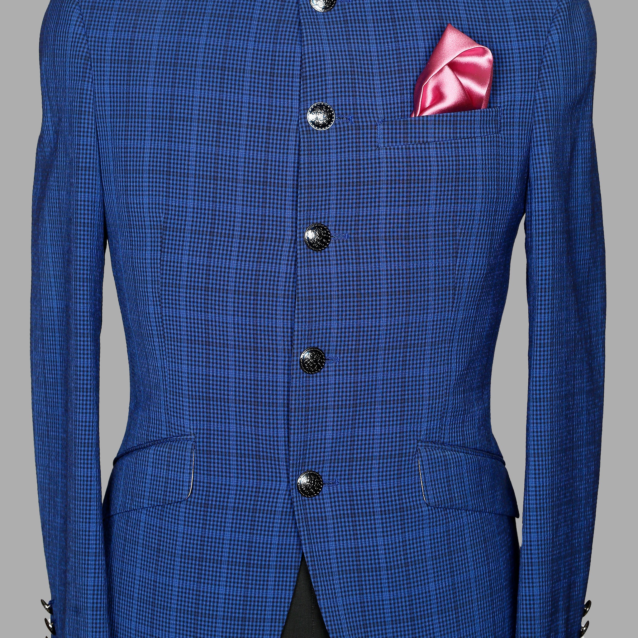 Royal Blue Check Bandhgala Suit