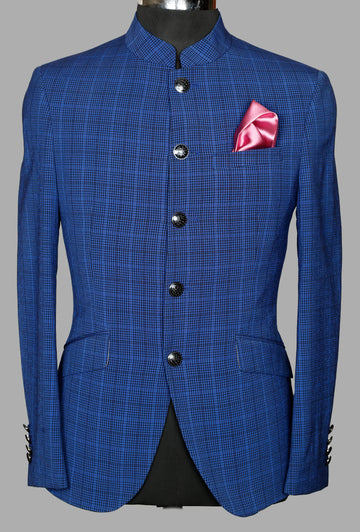 Royal Blue Check Bandhgala Suit