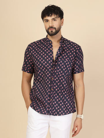 Navy Printed 100% Cotton Half Sleeve Shirt