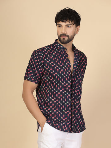Navy Printed 100% Cotton Half Sleeve Shirt