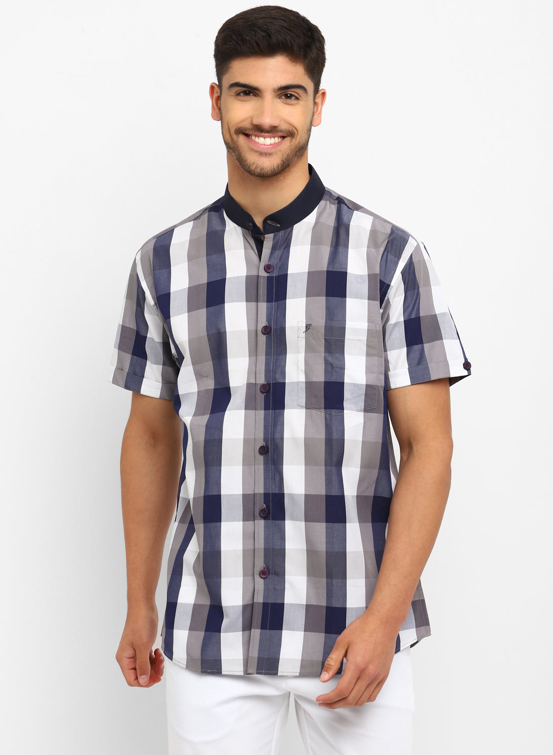 Blue Check Cotton Band Collar Half Sleeve Shirt