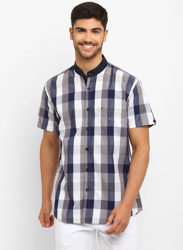 Blue & Off White Cotton Check Casual Shirt