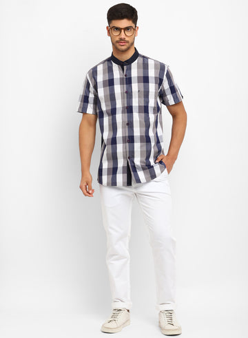 Blue & Off White Cotton Check Casual Shirt
